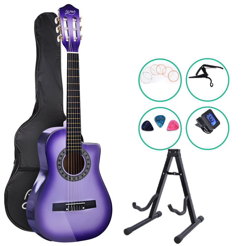 Alpha 34" Inch Guitar Classical Acoustic Cutaway Wooden Ideal Kids Gift Children 1/2 Size Purple with Capo Tuner