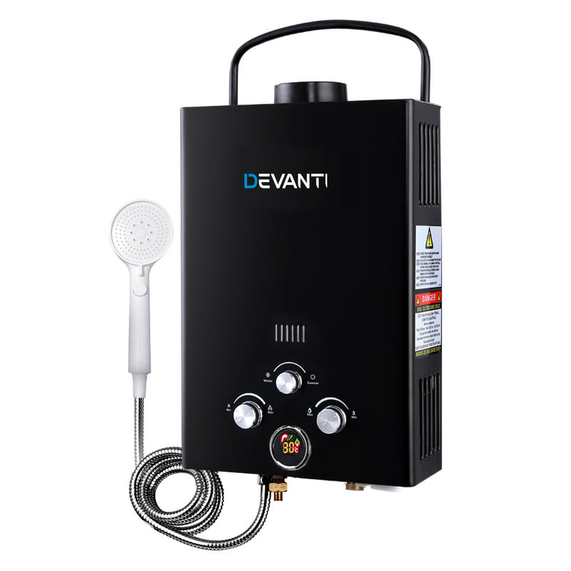 Devanti Outdoor Gas Hot Water Heater Portable Camping Shower 12V Pump Black