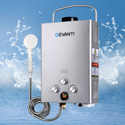 Devanti Outdoor Gas Water Heater Portable Camping Shower 12V Pump Silver