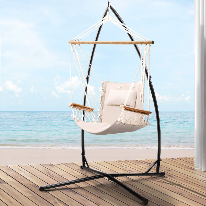 Gardeon Hammock Chair with Steel Stand Armrest Outdoor Hanging Cream