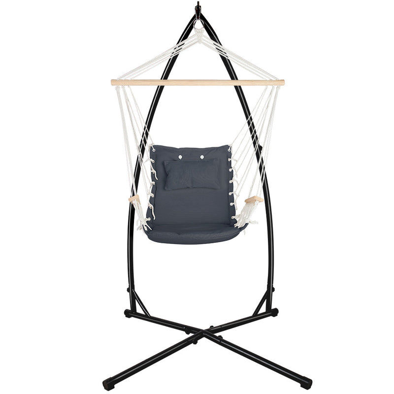 Gardeon Hammock Chair with Steel Stand Armrest Outdoor Hanging Grey