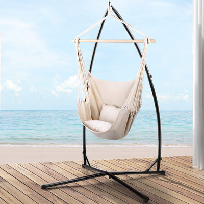 Gardeon Hammock Chair Outdoor Camping Hanging with Steel Stand Cream