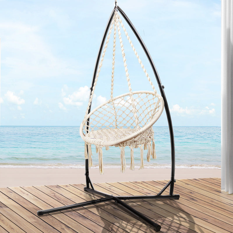 Gardeon Hammock Chair with Steel Stand Macrame Outdoor Swinging Cream