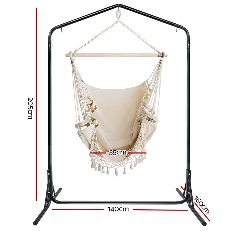 Gardeon Outdoor Hammock Chair with Stand Tassel Hanging Rope Hammocks Cream