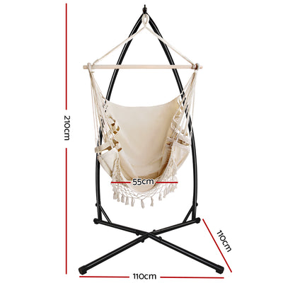 Gardeon Hammock Chair with Steel Stand Hanging Outdoor Tassel Cream