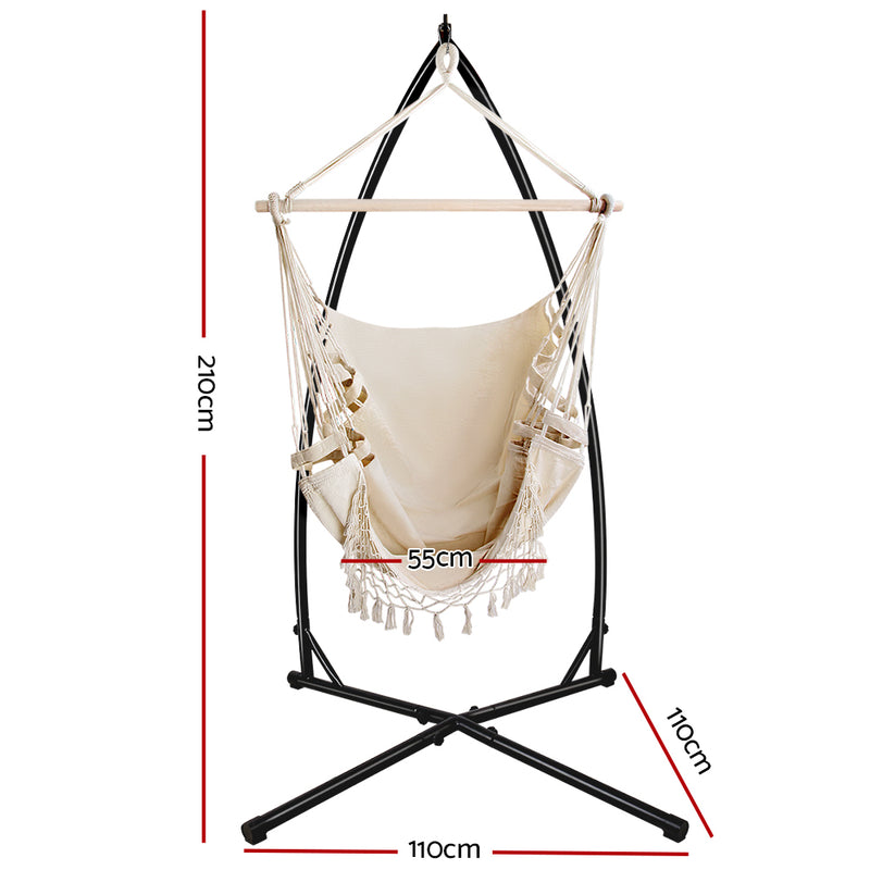 Gardeon Hammock Chair with Steel Stand Hanging Outdoor Tassel Cream