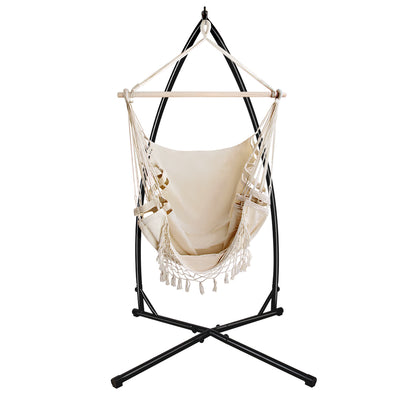 Gardeon Hammock Chair with Steel Stand Hanging Outdoor Tassel Cream