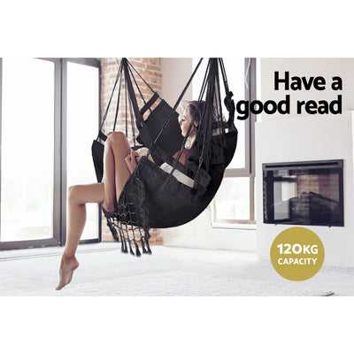 Gardeon Hanging Hammock Chair Outdoor Swing Hammocks Tassel Grey