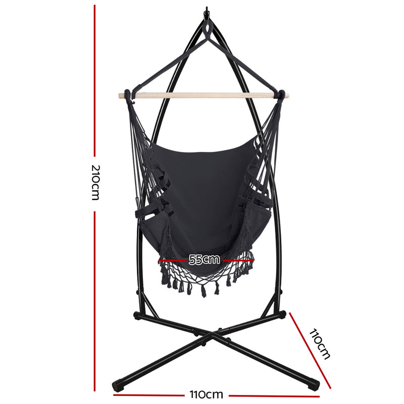 Gardeon Hammock Chair with Steel Stand Hanging Outdoor Tassel Grey