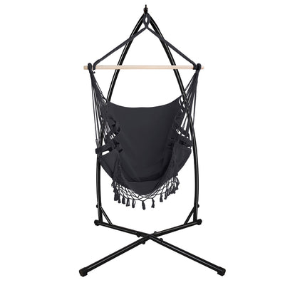 Gardeon Hammock Chair with Steel Stand Hanging Outdoor Tassel Grey