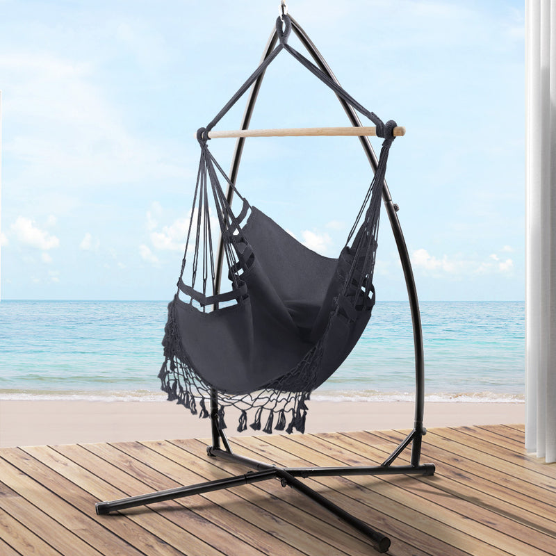 Gardeon Hammock Chair with Steel Stand Hanging Outdoor Tassel Grey