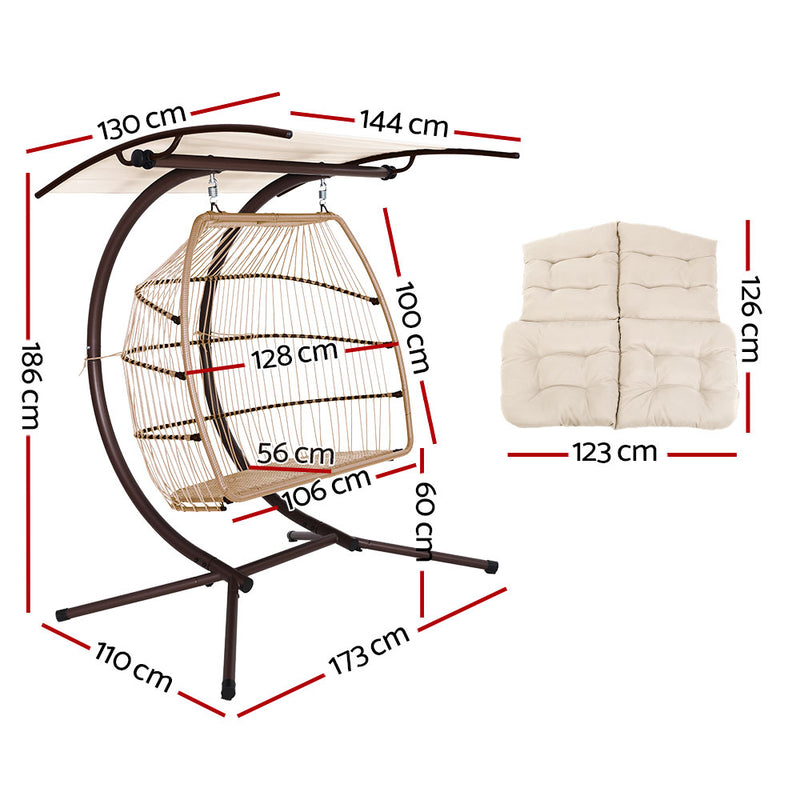 Gardeon Outdoor Egg Swing Chair Wicker Furniture Pod Stand Canopy 2 Seater Latte