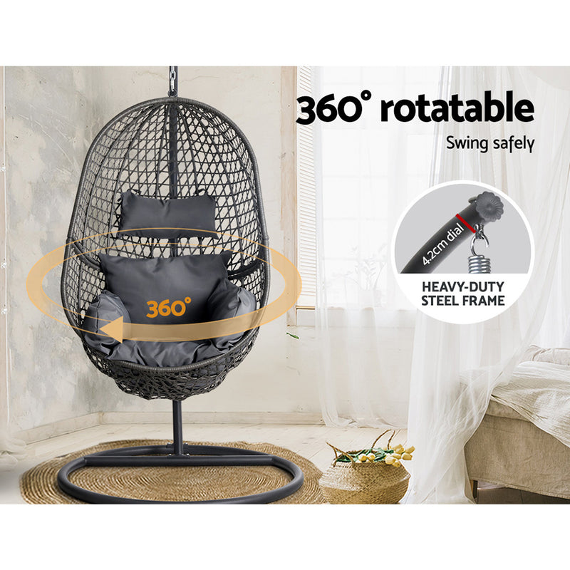 Gardeon Outdoor Egg Swing Chair Hanging Chair Wicker Rope Pod Stand Foldable Grey