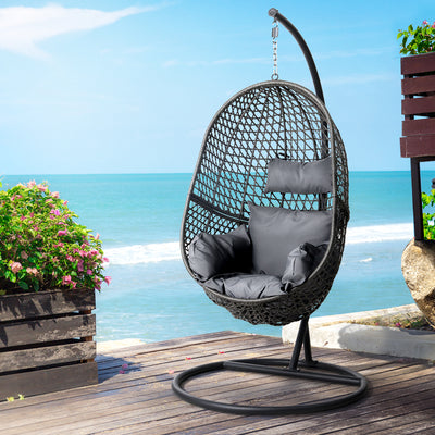 Gardeon Outdoor Egg Swing Chair Wicker Rope Furniture Pod Stand Foldable Grey