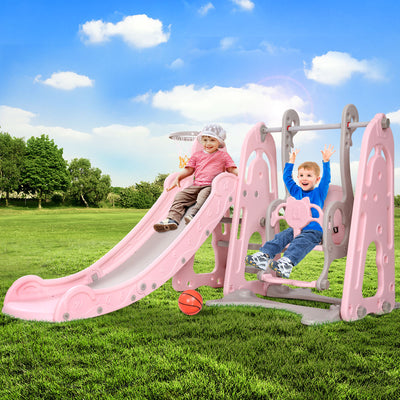 Keezi Kids Slide Swing Outdoor Playground Basketball Hoop Playset Indoor Pink