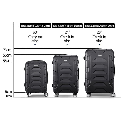 Wanderlite 3Set 20-24-28 Inch Luggage with TSA Lock Spinner Carry On Hard Shell Travel Suitcase Luggage Case Black