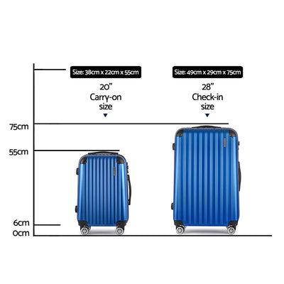 Wanderlite 2 Set Luggage 20-28 Inch with Zipper Lock Carry On Hard Shell Travel Suitcase Luggage Case Blue