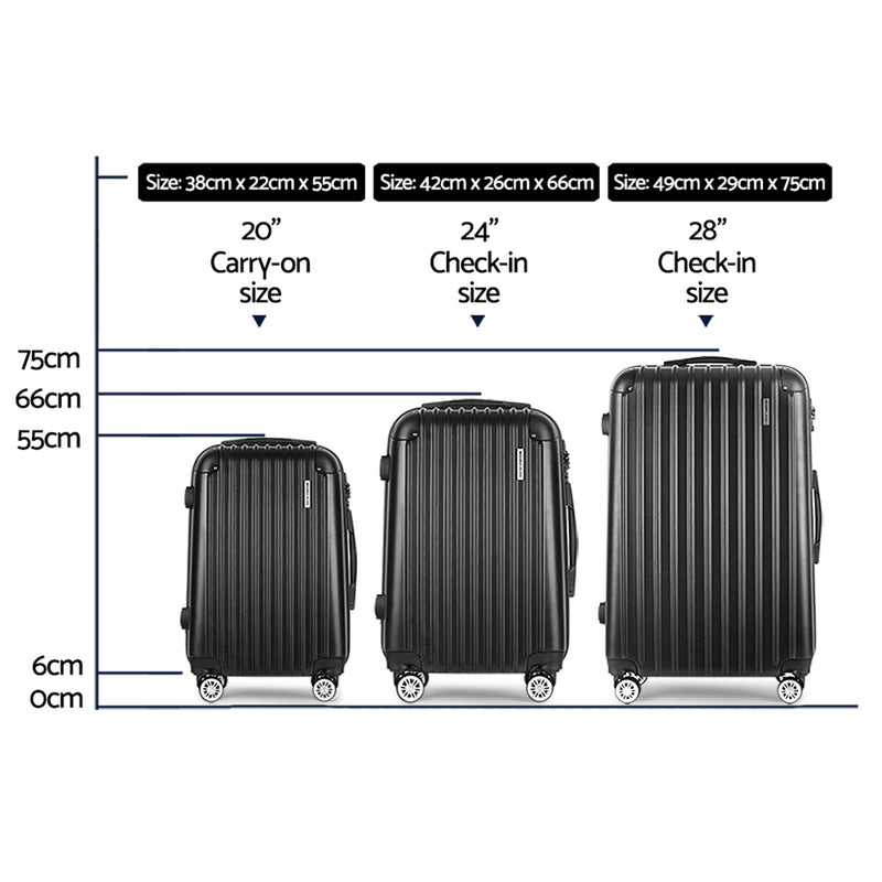 Wanderlite 3 Set Luggage 20-24-28 Inch with Zipper Lock Carry On Hard Shell Travel Suitcase Luggage Case Black