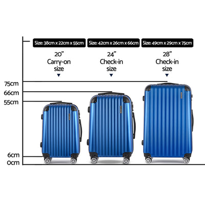 Wanderlite 3 Set Luggage 20-24-28 Inch with Zipper Lock Carry On Hard Shell Travel Suitcase Luggage Case Blue