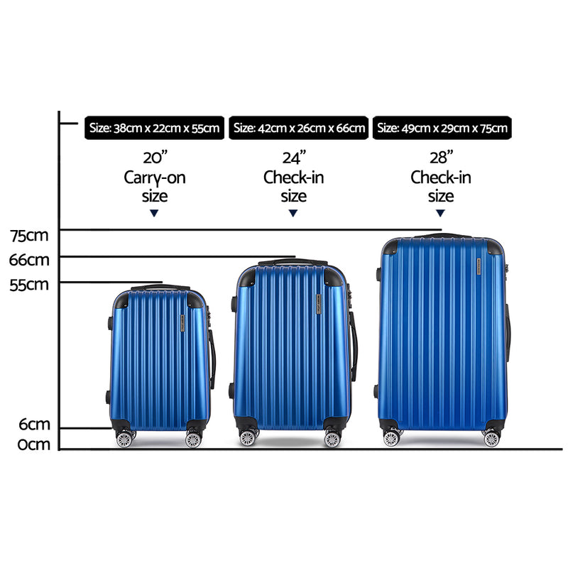 Wanderlite 3 Set Luggage 20-24-28 Inch with TSA Lock Spinner Hard Shell Travel Suitcase Luggage Organiser Case Blue