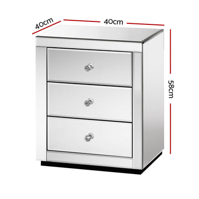 Artiss Bedside Table 3 Drawers Mirrored - PRESIA Silver