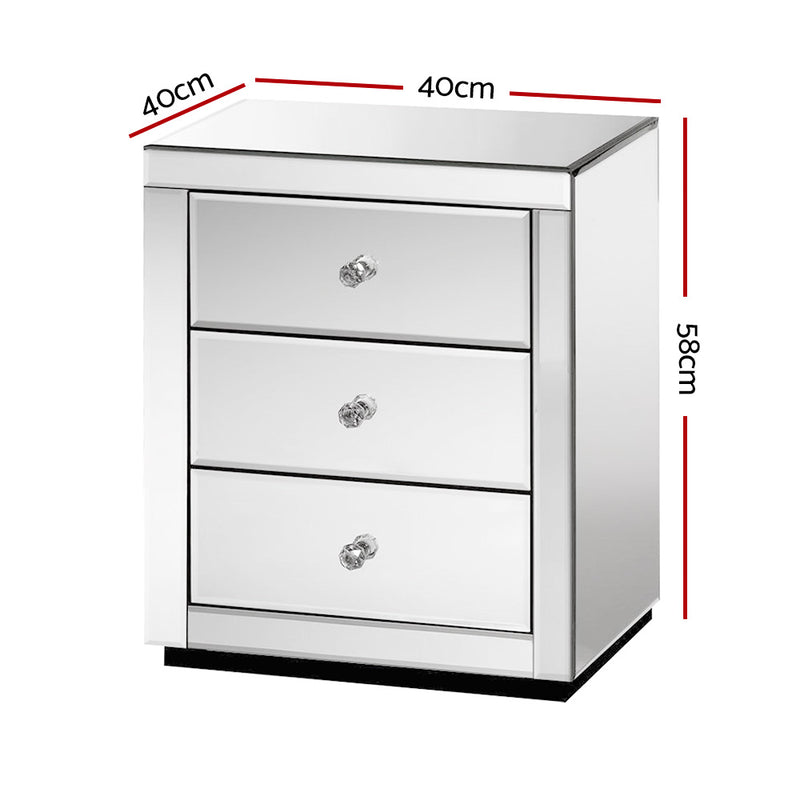 Artiss Bedside Table 3 Drawers Mirrored - PRESIA Silver