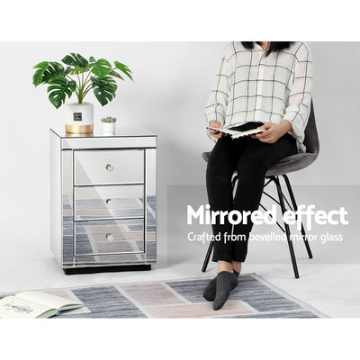 Artiss Set of 2 Bedside Table 3 Drawers Mirrored Glass - PRESIA Silver