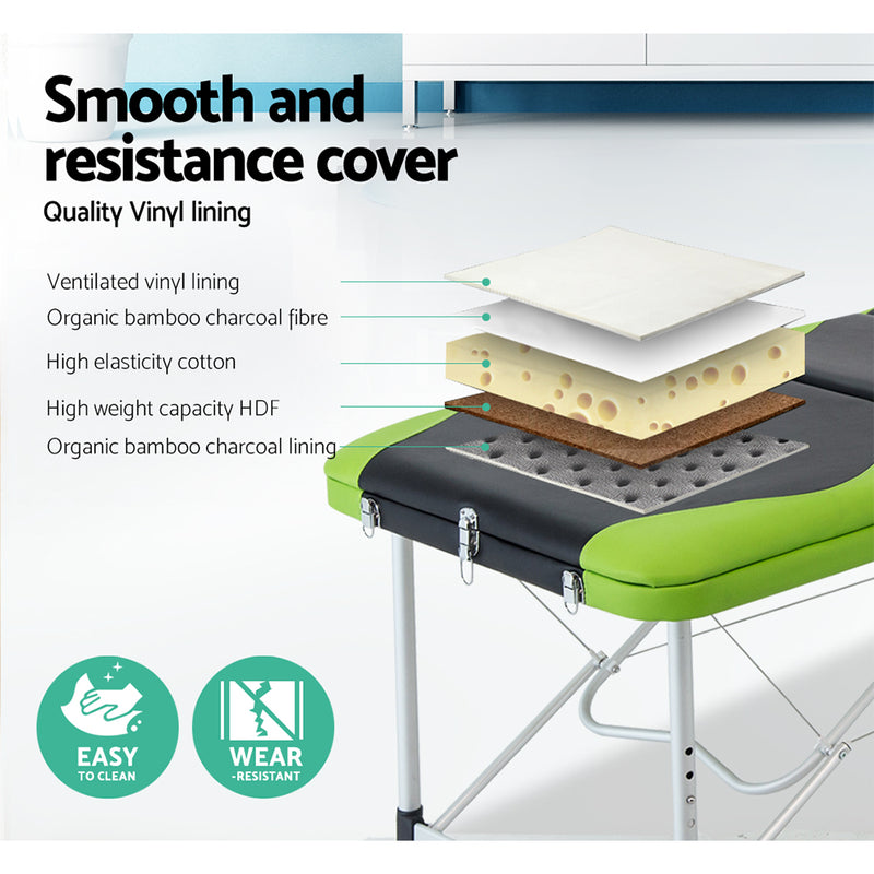 Zenses Massage Table 75cm Portable 3 Fold Aluminium Beauty Bed Green