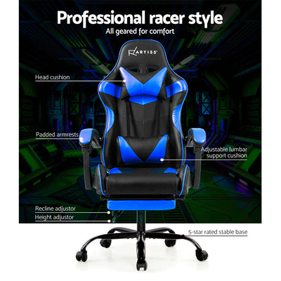 Artiss Gaming Office Chairs Computer Seating Racing Recliner Footrest Black Blue