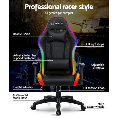 Artiss Gaming Office Chair RGB LED Lights Computer Desk Chair Home Work Chairs