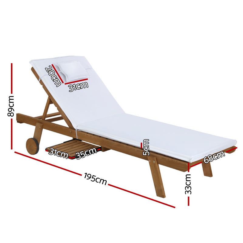 Gardeon Sun Lounge Wooden Lounger Outdoor Furniture Day Bed Wheels Patio White