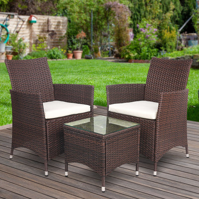 Gardeon 3PC Outdoor Bistro Set Patio Furniture Wicker Setting Chairs Table Cushion Brown