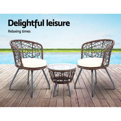 Gardeon 3PC Bistro Set Outdoor Furniture Rattan Table Chairs Patio Garden Cushion Brown