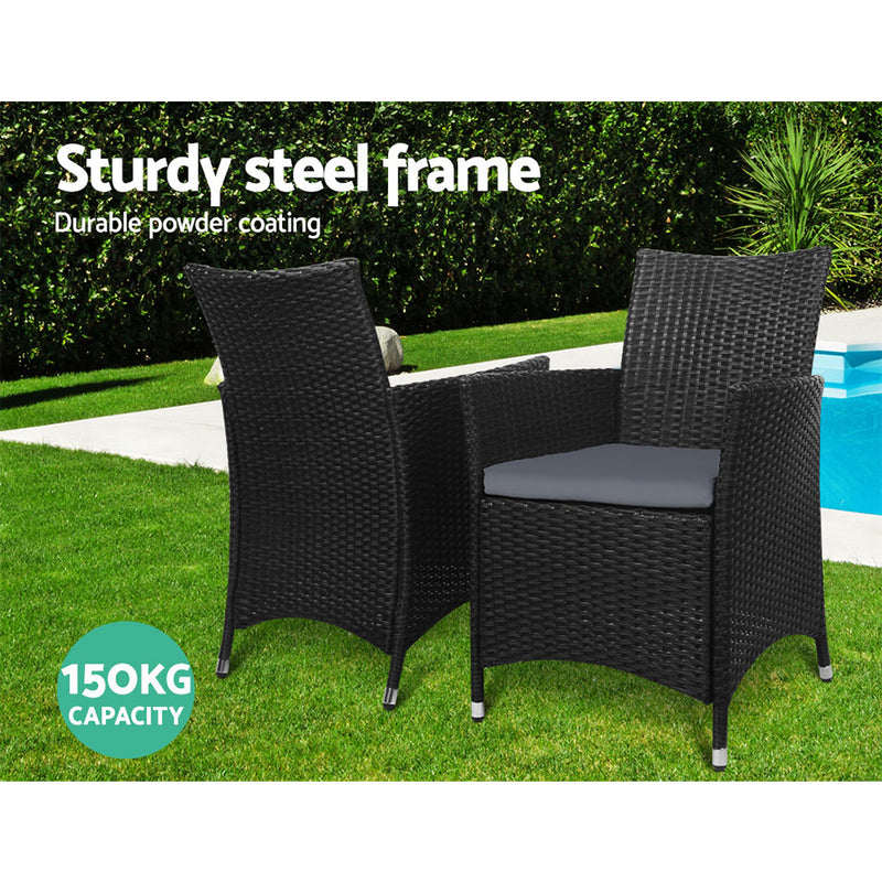 Gardeon 3PC Bistro Set Outdoor Furniture Rattan Table Chairs Cushion Patio Garden Idris