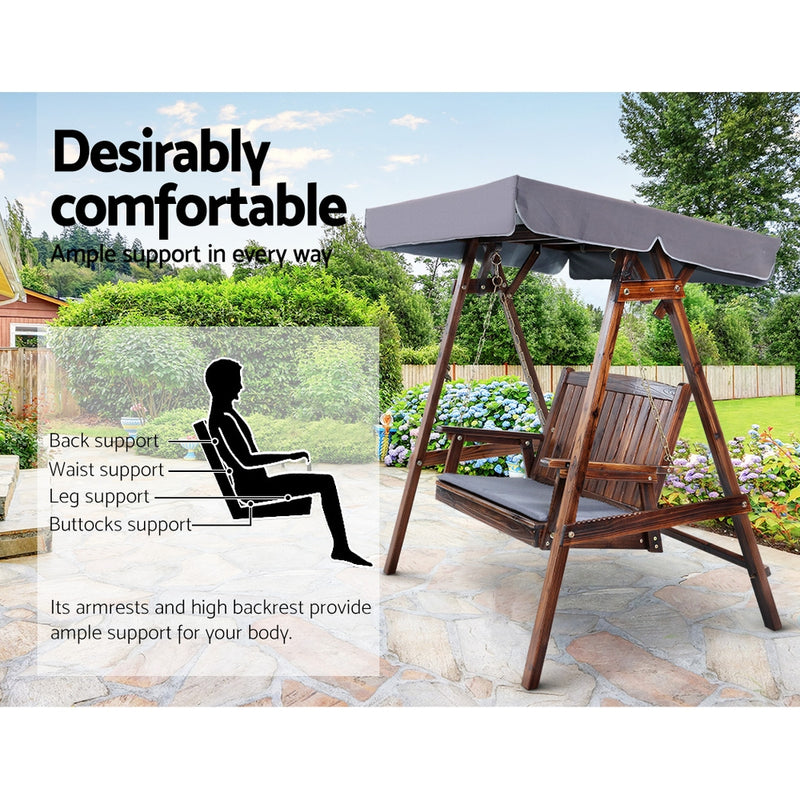 Gardeon Outdoor Wooden Swing Chair Garden Bench Canopy Cushion 2 Seater Charcoal