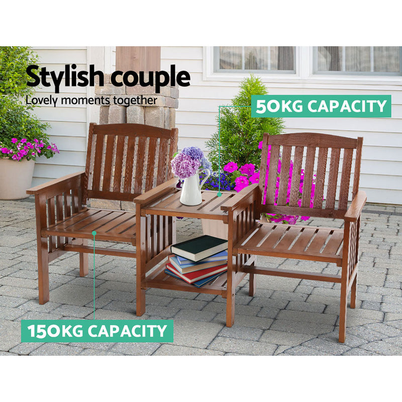 Gardeon Outdoor Garden Bench Loveseat Wooden Table Chairs Patio Furniture Brown