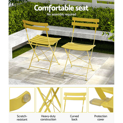 Gardeon 3PC Outdoor Bistro Set Steel Table and Chairs Patio Furniture Yellow