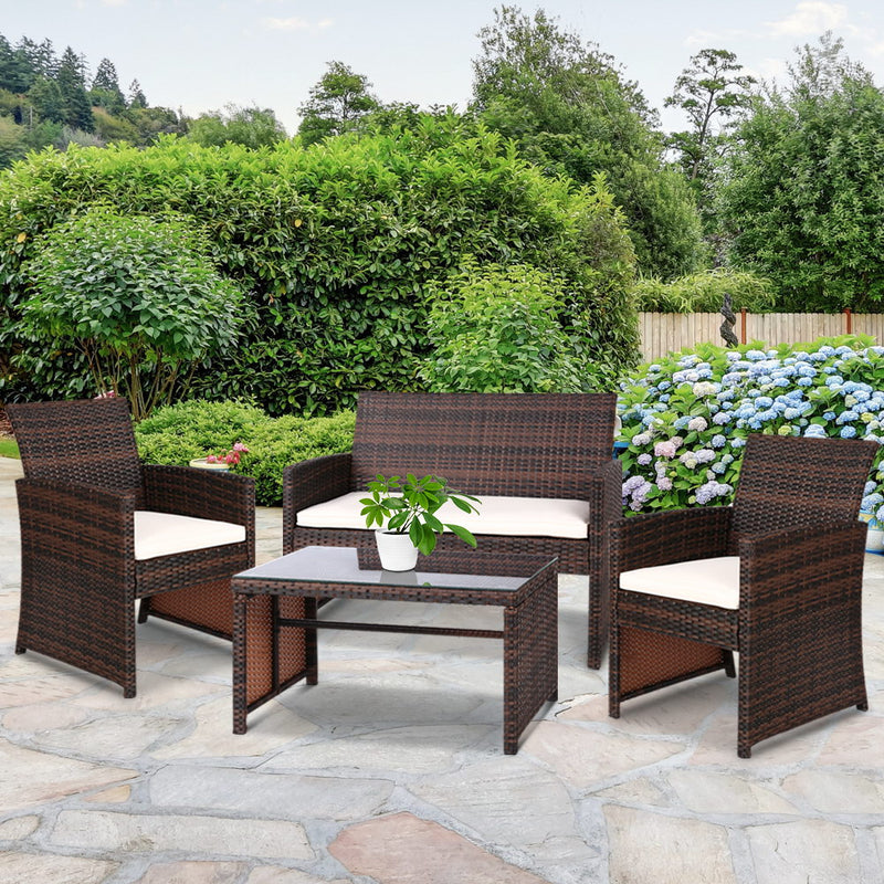 Gardeon 4 PCS Outdoor Lounge Setting Wicker Sofa Set Brown Storage Cover