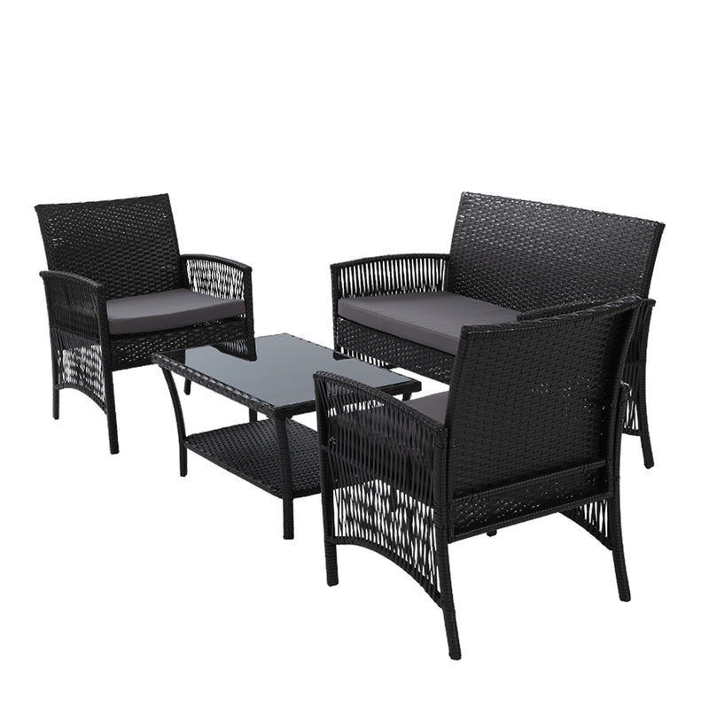 Gardeon 4PCS Outdoor Sofa Set Wicker Harp Chair Table Garden Furniture Black