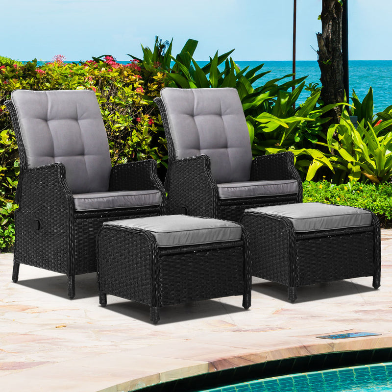 Gardeon 2PC Recliner Chair Sun lounge Wicker Lounger Outdoor Furniture Adjustable Black