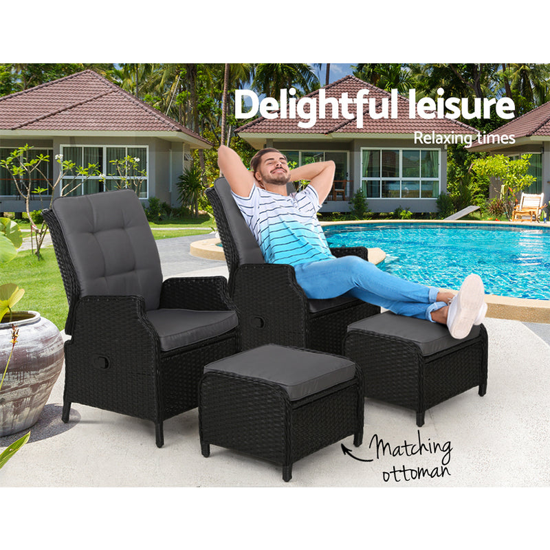 Gardeon 2PC Recliner Chair Sun lounge Wicker Lounger Outdoor Furniture Adjustable Black