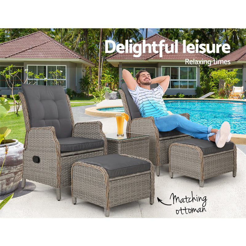 Gardeon 5PC Recliner Chairs Table Sun lounge Wicker Outdoor Furniture Adjustable Grey