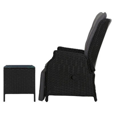 Gardeon 3PC Recliner Chairs Table Sun lounge Outdoor Furniture Wicker Adjustable Black