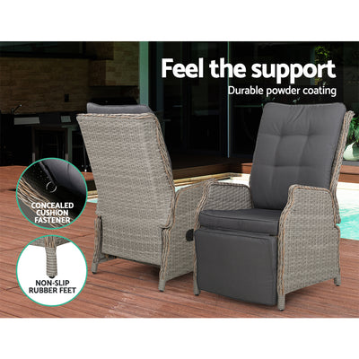 Gardeon 2PC Recliner Chairs Sun lounge Wicker Lounger Outdoor Furniture Adjustable Grey