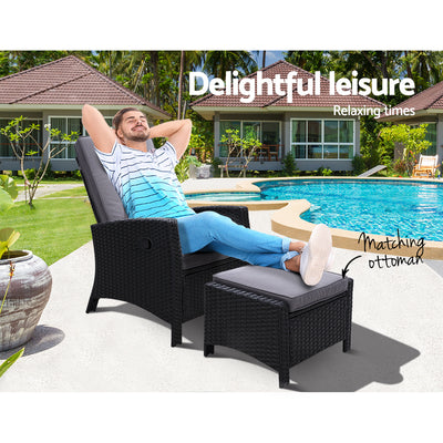 Gardeon Recliner Chair Sun lounge Wicker Lounger Outdoor Patio Furniture Adjustable Black