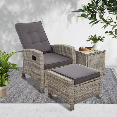 Gardeon 3PC Recliner Chairs Table Sun lounge Wicker Outdoor Furniture Adjustable Grey