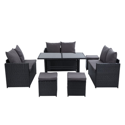 Gardeon Outdoor Dining Set Sofa Lounge Setting Chairs Table Ottoman Black Cover