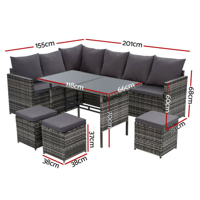 Gardeon Outdoor Furniture Dining Setting Sofa Set Lounge Wicker 9 Seater Mixed Grey