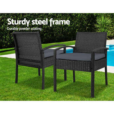 Gardeon 3PC Patio Furniture Bistro Set Wicker Outdoor Lounge Setting Black