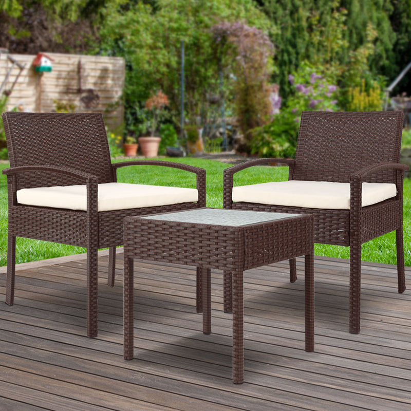 Gardeon 3PC Patio Furniture Bistro Set Wicker Outdoor Lounge Setting Brown